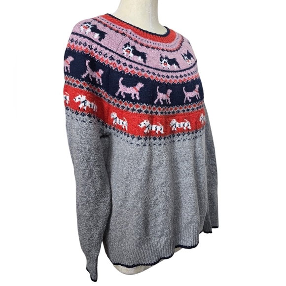 Holiday Time Puppy Dog Fair Pink Red Blue Gray Metallic Isle Metallic Sweater XL - Picture 3 of 8
